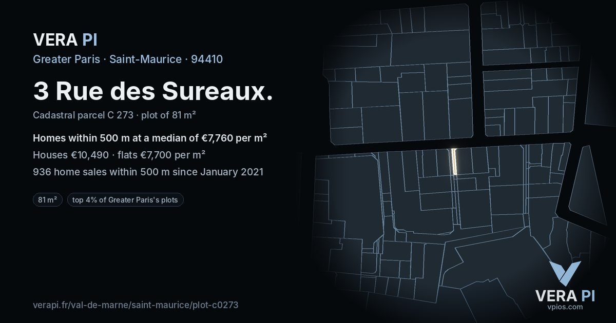 3 Rue des Sureaux, Saint-Maurice at night – the plot lit, the parcels around coloured by the prices near them