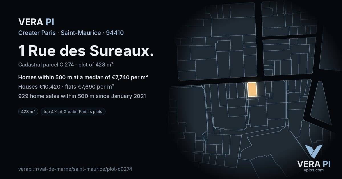 1 Rue des Sureaux, Saint-Maurice at night – the plot lit, the parcels around coloured by the prices near them