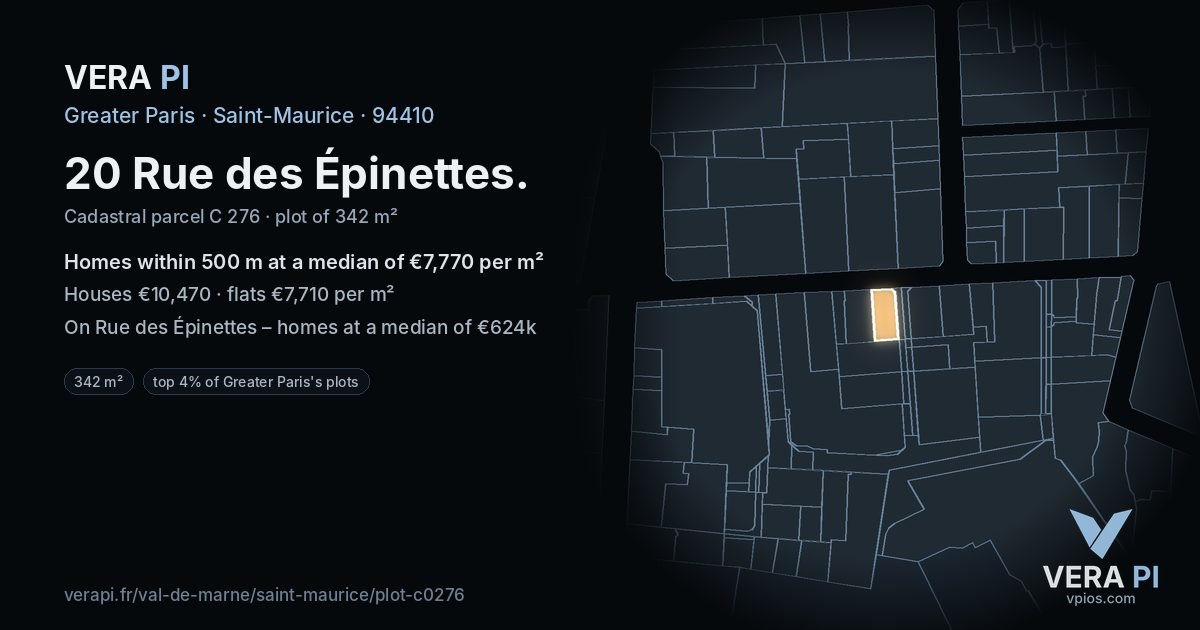 20 Rue des Épinettes, Saint-Maurice at night – the plot lit, the parcels around coloured by the prices near them