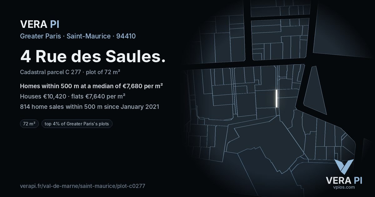 4 Rue des Saules, Saint-Maurice at night – the plot lit, the parcels around coloured by the prices near them