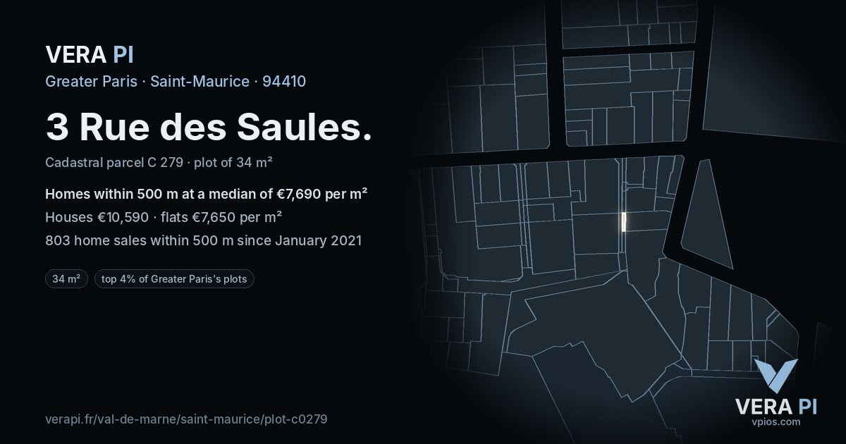 3 Rue des Saules, Saint-Maurice at night – the plot lit, the parcels around coloured by the prices near them