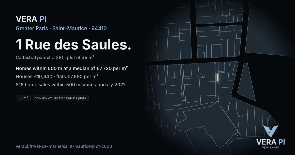 1 Rue des Saules, Saint-Maurice at night – the plot lit, the parcels around coloured by the prices near them