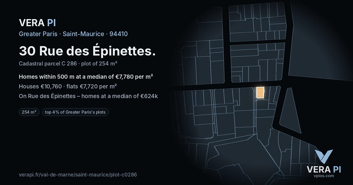 30 Rue des Épinettes, Saint-Maurice at night – the plot lit, the parcels around coloured by the prices near them