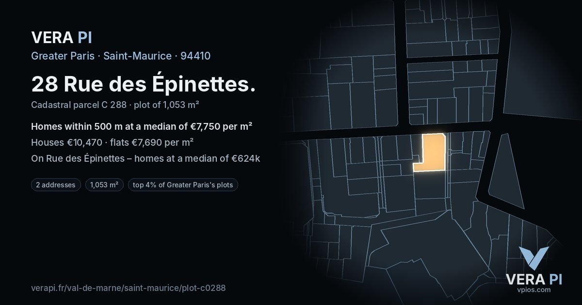 28 Rue des Épinettes, Saint-Maurice at night – the plot lit, the parcels around coloured by the prices near them