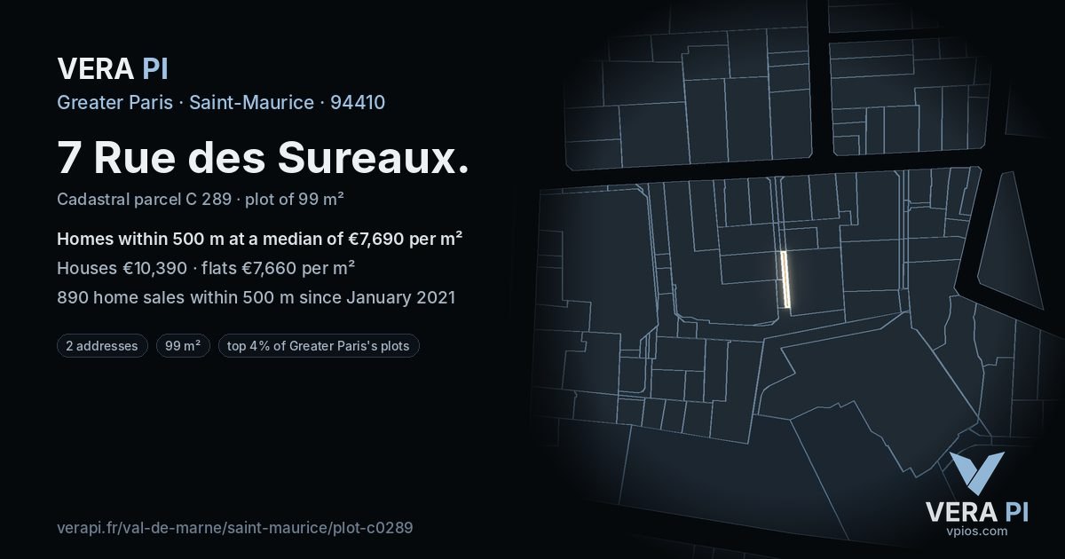 7 Rue des Sureaux, Saint-Maurice at night – the plot lit, the parcels around coloured by the prices near them