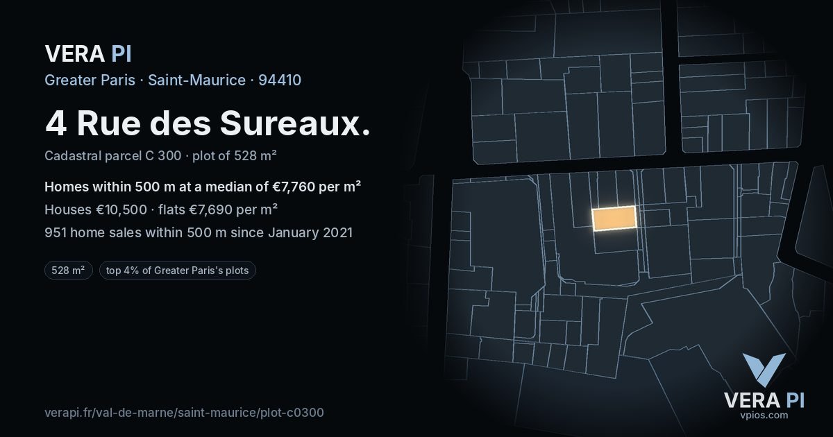 4 Rue des Sureaux, Saint-Maurice at night – the plot lit, the parcels around coloured by the prices near them