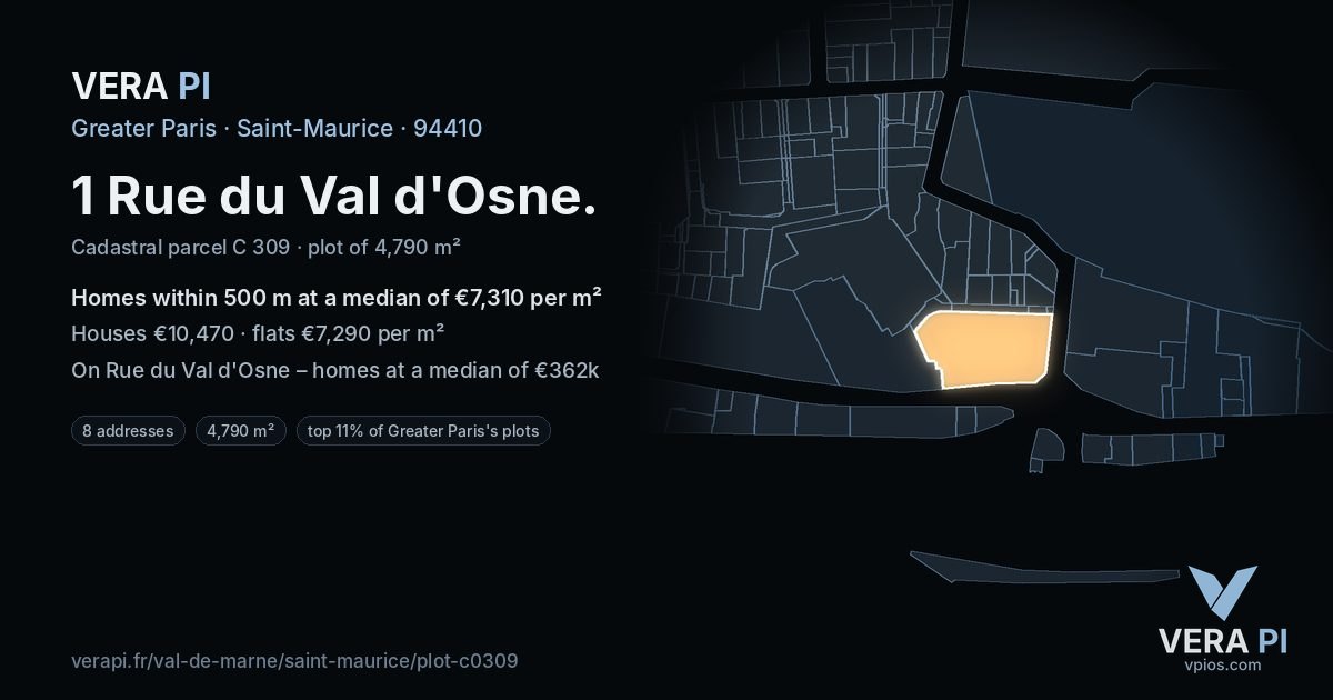 1 Rue du Val d'Osne, Saint-Maurice at night – the plot lit, the parcels around coloured by the prices near them