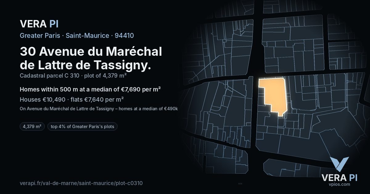30 Avenue du Maréchal de Lattre de Tassigny, Saint-Maurice at night – the plot lit, the parcels around coloured by the prices near them
