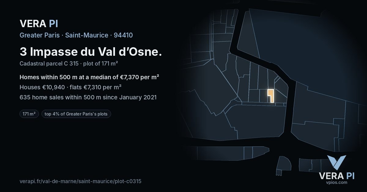 3 Impasse du Val d’Osne, Saint-Maurice at night – the plot lit, the parcels around coloured by the prices near them