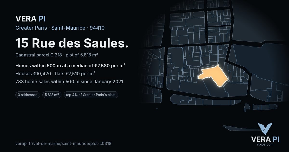15 Rue des Saules, Saint-Maurice at night – the plot lit, the parcels around coloured by the prices near them