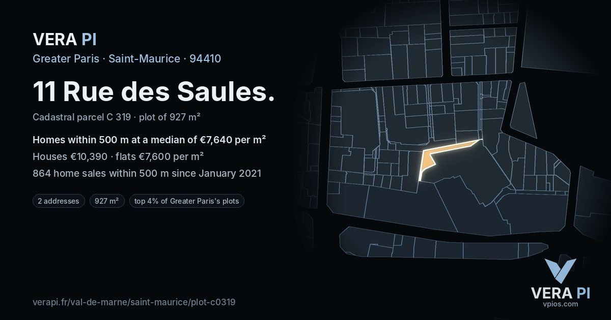 11 Rue des Saules, Saint-Maurice at night – the plot lit, the parcels around coloured by the prices near them