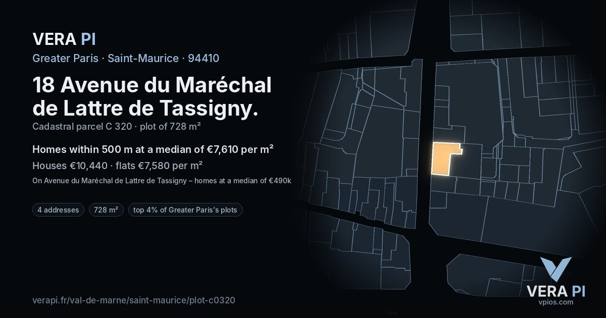 18 Avenue du Maréchal de Lattre de Tassigny, Saint-Maurice at night – the plot lit, the parcels around coloured by the prices near them