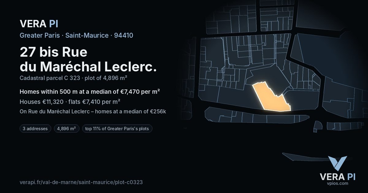 27 bis Rue du Maréchal Leclerc, Saint-Maurice at night – the plot lit, the parcels around coloured by the prices near them