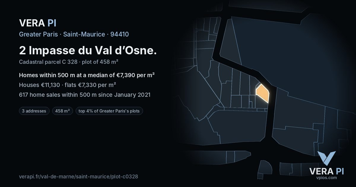 2 Impasse du Val d’Osne, Saint-Maurice at night – the plot lit, the parcels around coloured by the prices near them