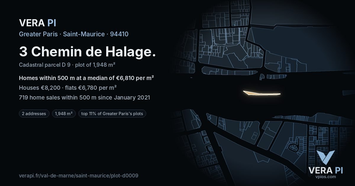 3 Chemin de Halage, Saint-Maurice at night – the plot lit, the parcels around coloured by the prices near them