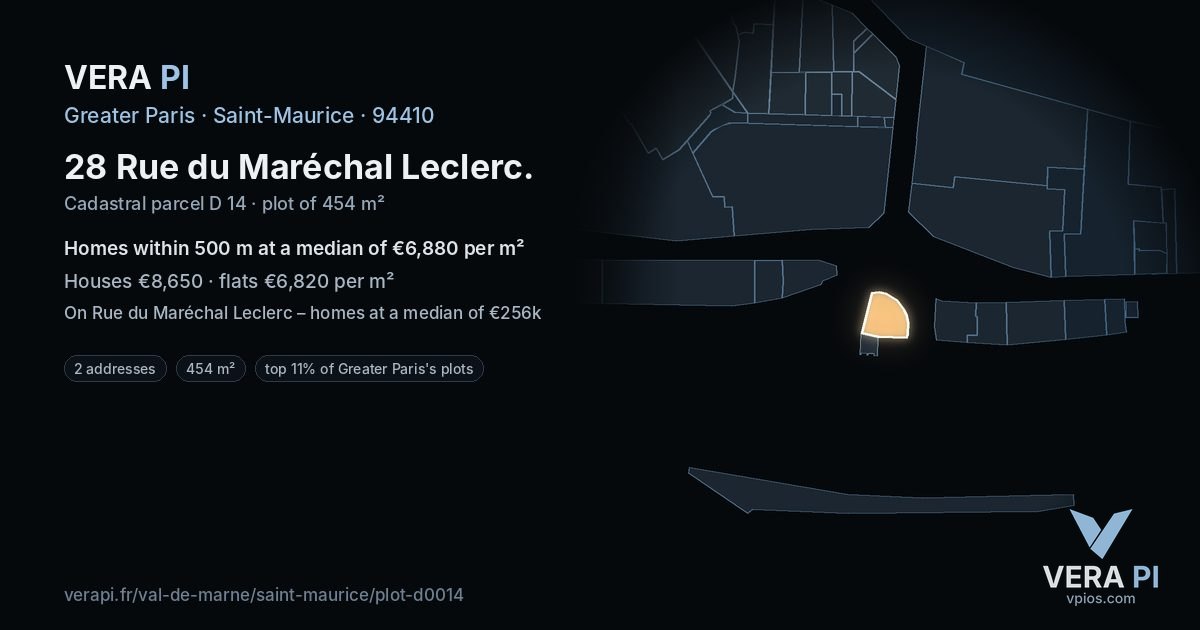 28 Rue du Maréchal Leclerc, Saint-Maurice at night – the plot lit, the parcels around coloured by the prices near them