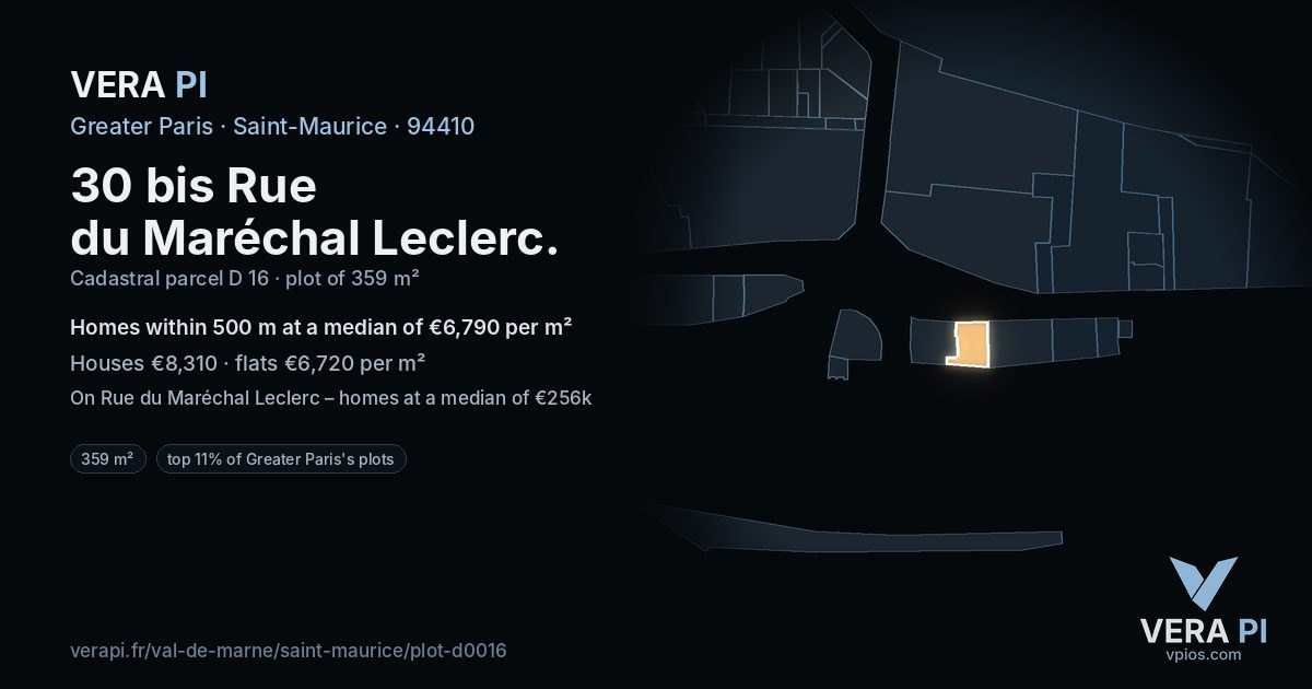 30 bis Rue du Maréchal Leclerc, Saint-Maurice at night – the plot lit, the parcels around coloured by the prices near them
