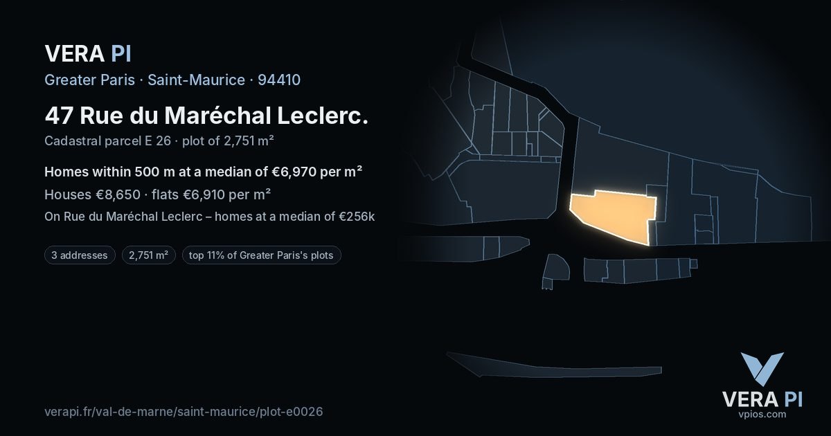 47 Rue du Maréchal Leclerc, Saint-Maurice at night – the plot lit, the parcels around coloured by the prices near them
