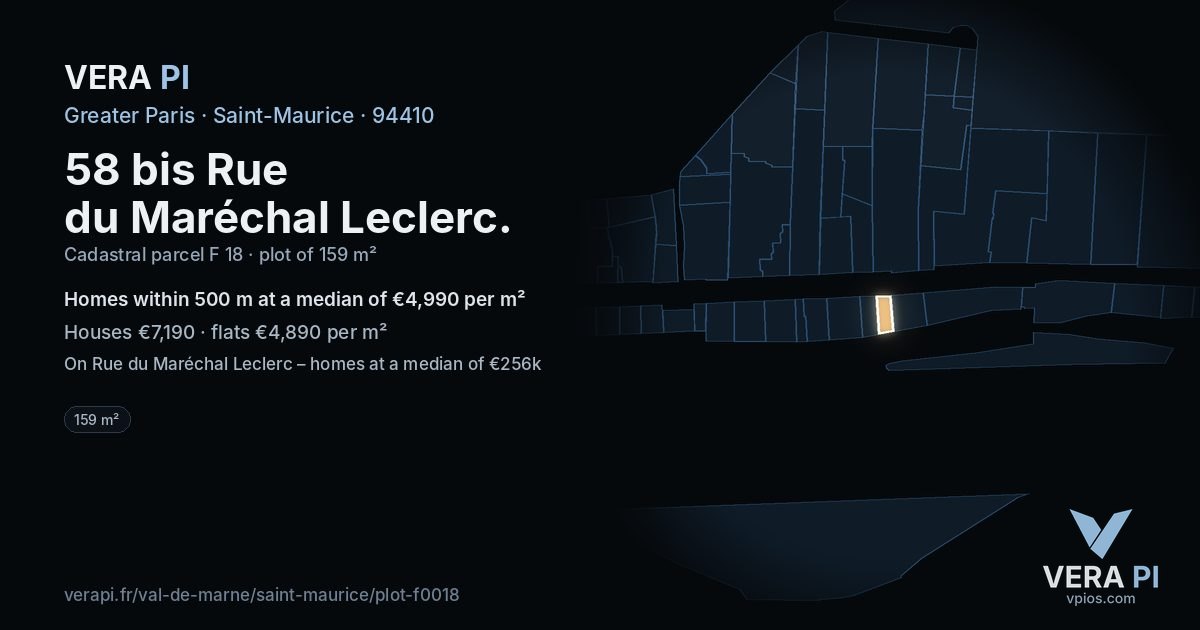 58 bis Rue du Maréchal Leclerc, Saint-Maurice at night – the plot lit, the parcels around coloured by the prices near them