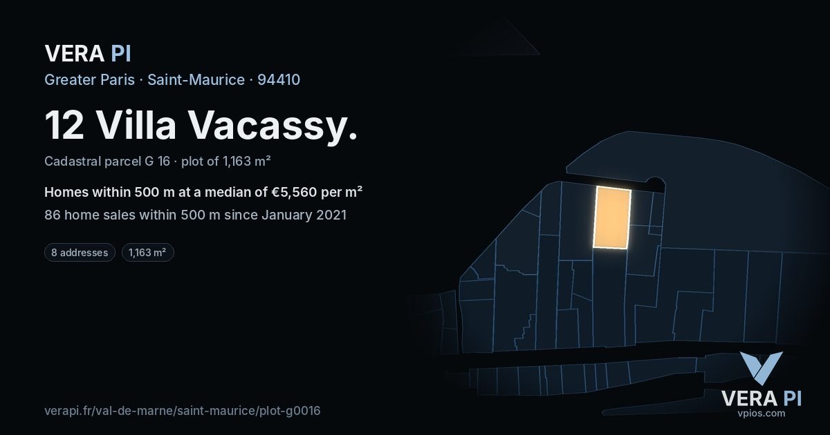 12 Villa Vacassy, Saint-Maurice at night – the plot lit, the parcels around coloured by the prices near them