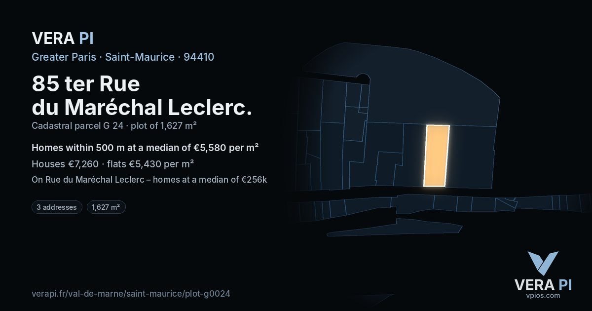 85 ter Rue du Maréchal Leclerc, Saint-Maurice at night – the plot lit, the parcels around coloured by the prices near them