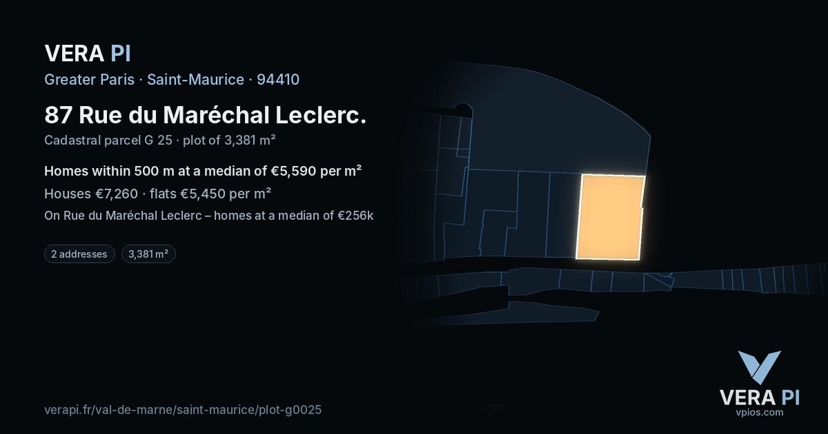 87 Rue du Maréchal Leclerc, Saint-Maurice at night – the plot lit, the parcels around coloured by the prices near them