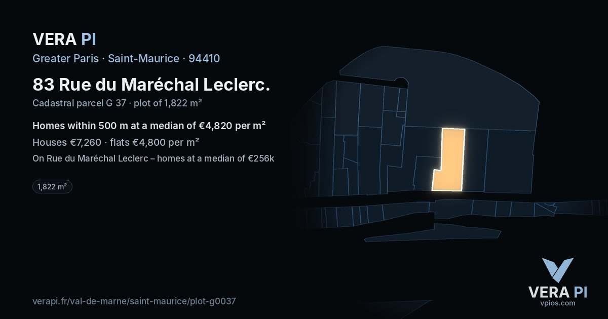 83 Rue du Maréchal Leclerc, Saint-Maurice at night – the plot lit, the parcels around coloured by the prices near them