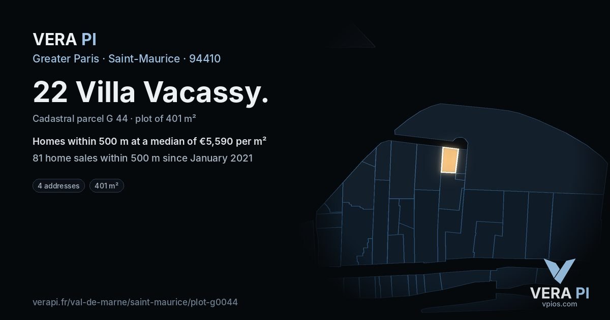 22 Villa Vacassy, Saint-Maurice at night – the plot lit, the parcels around coloured by the prices near them