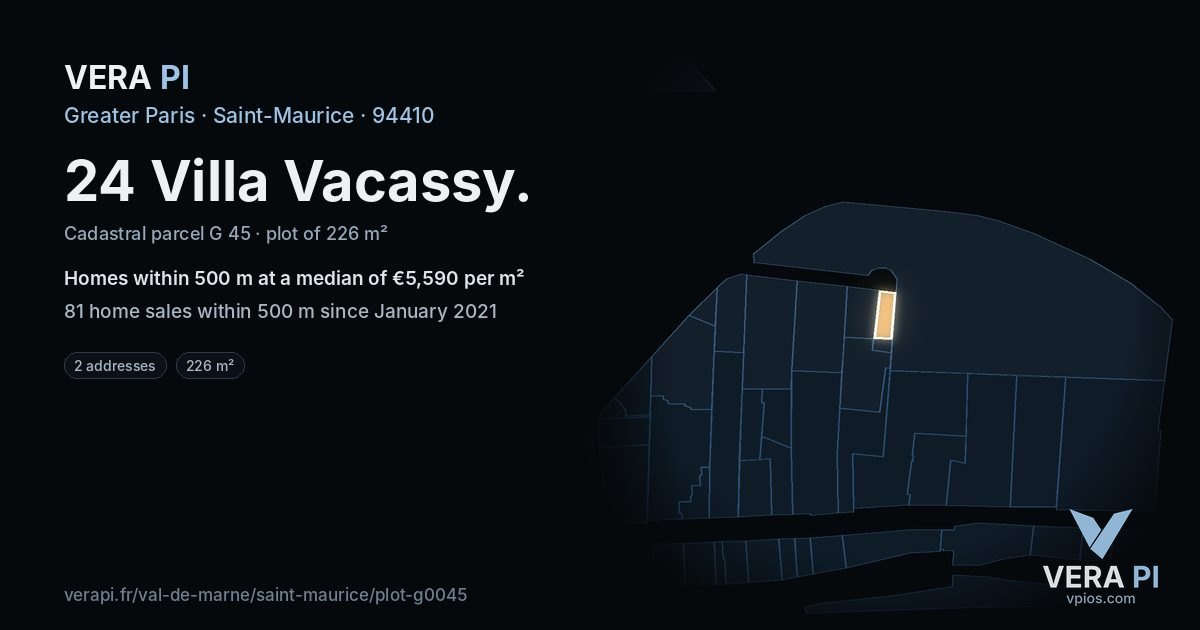 24 Villa Vacassy, Saint-Maurice at night – the plot lit, the parcels around coloured by the prices near them