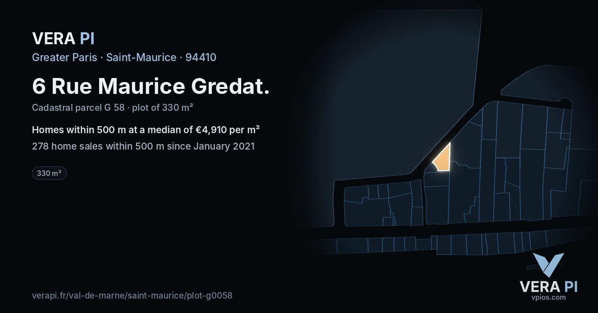 6 Rue Maurice Gredat, Saint-Maurice at night – the plot lit, the parcels around coloured by the prices near them