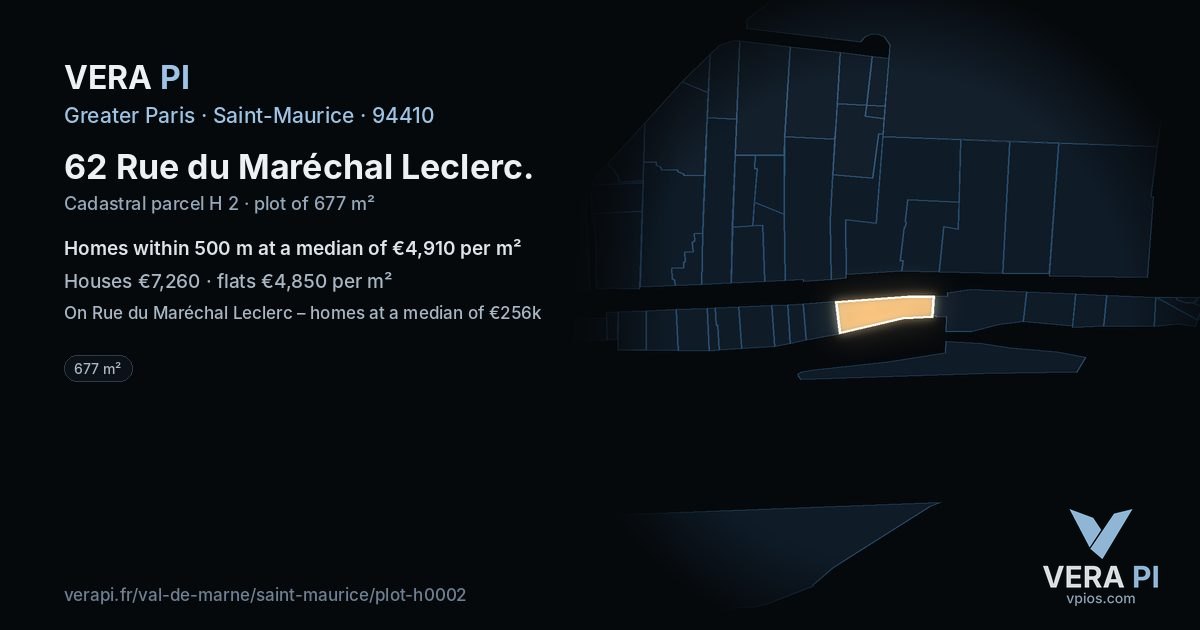 62 Rue du Maréchal Leclerc, Saint-Maurice at night – the plot lit, the parcels around coloured by the prices near them