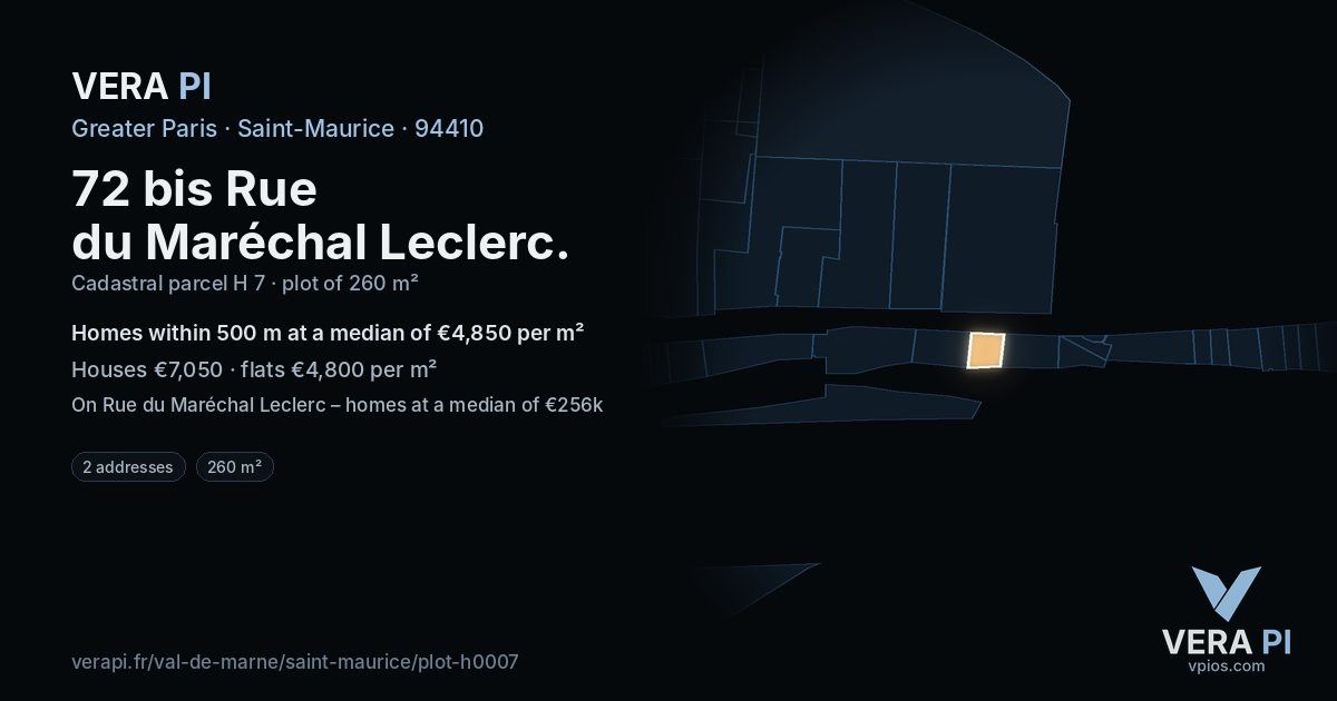 72 bis Rue du Maréchal Leclerc, Saint-Maurice at night – the plot lit, the parcels around coloured by the prices near them