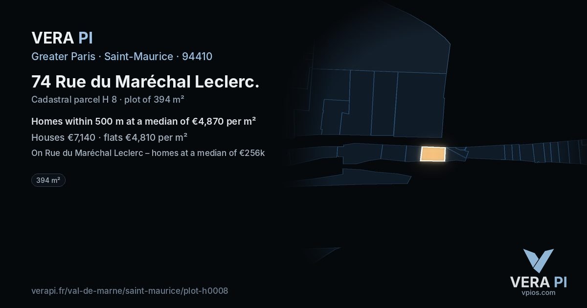 74 Rue du Maréchal Leclerc, Saint-Maurice at night – the plot lit, the parcels around coloured by the prices near them