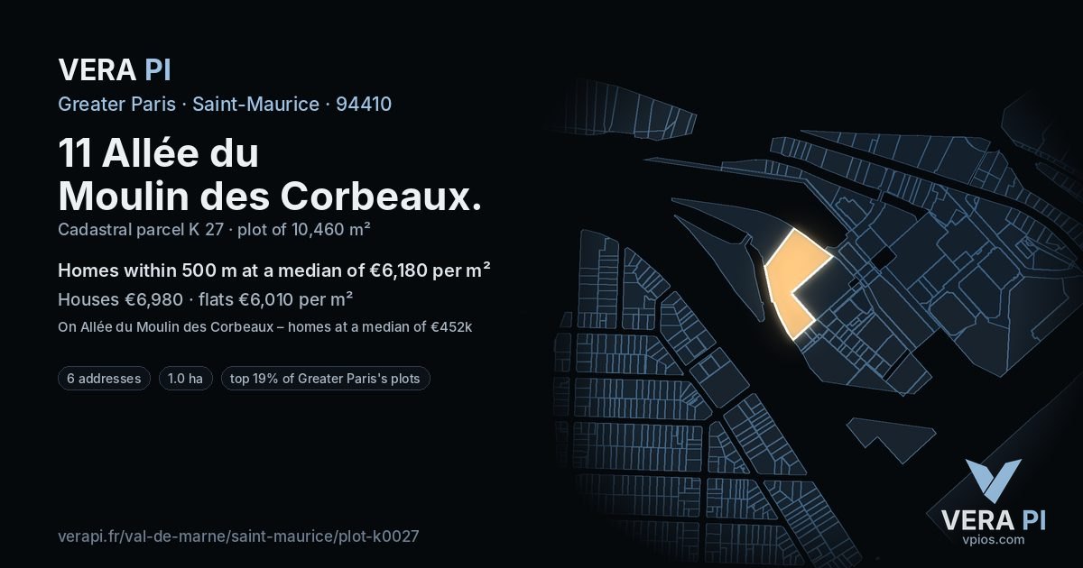11 Allée du Moulin des Corbeaux, Saint-Maurice at night – the plot lit, the parcels around coloured by the prices near them