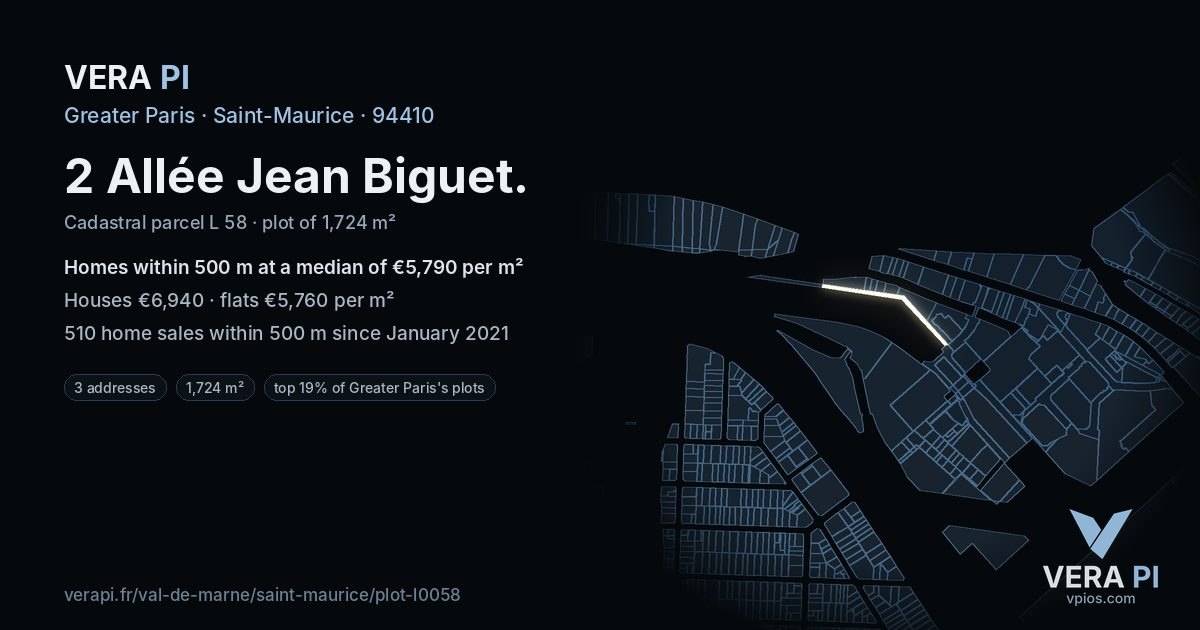 2 Allée Jean Biguet, Saint-Maurice at night – the plot lit, the parcels around coloured by the prices near them