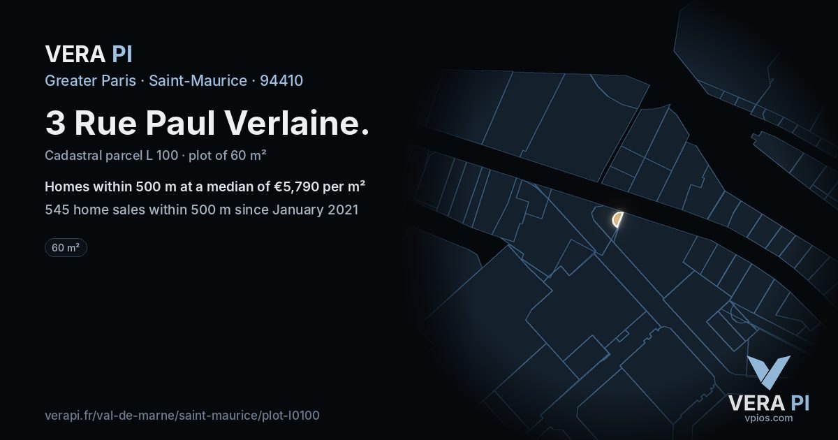3 Rue Paul Verlaine, Saint-Maurice at night – the plot lit, the parcels around coloured by the prices near them