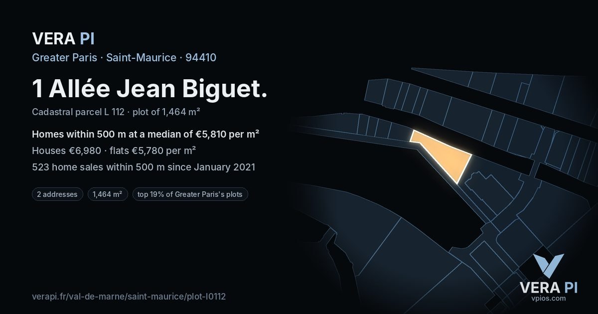 1 Allée Jean Biguet, Saint-Maurice at night – the plot lit, the parcels around coloured by the prices near them