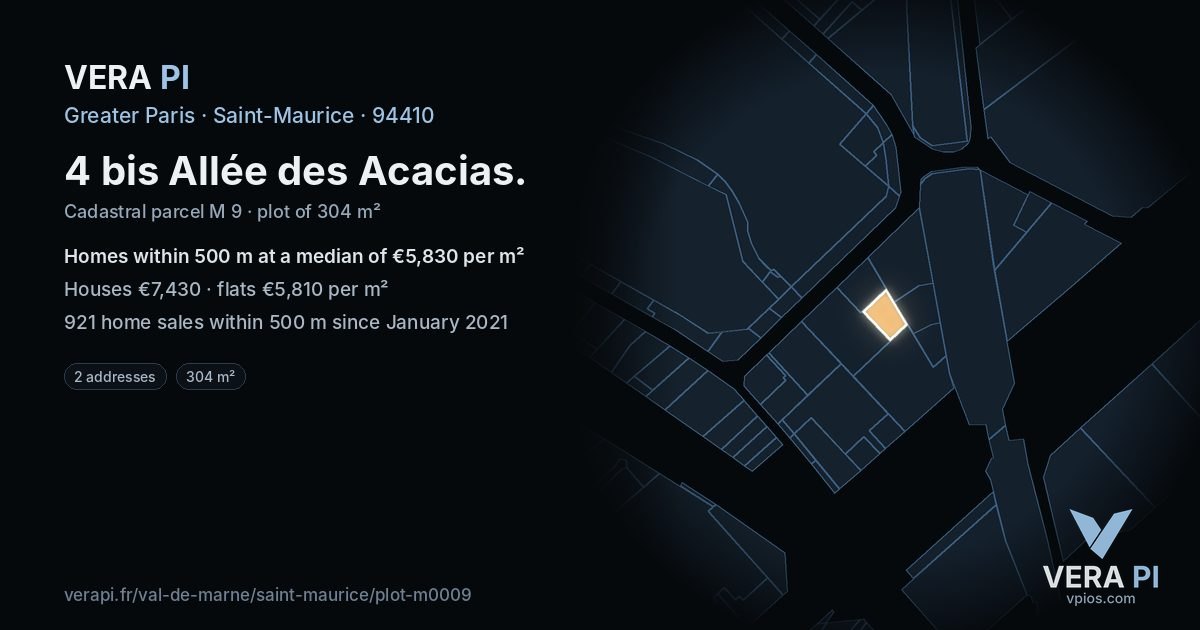 4 bis Allée des Acacias, Saint-Maurice at night – the plot lit, the parcels around coloured by the prices near them