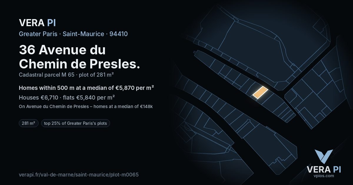 36 Avenue du Chemin de Presles, Saint-Maurice at night – the plot lit, the parcels around coloured by the prices near them