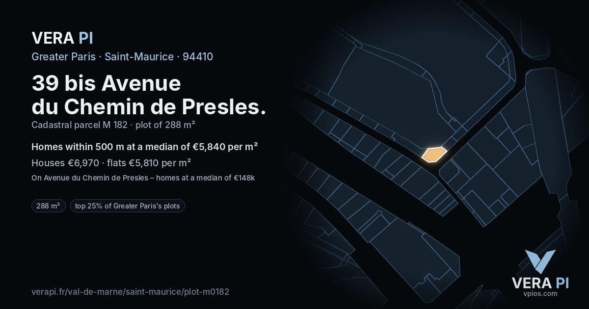 39 bis Avenue du Chemin de Presles, Saint-Maurice at night – the plot lit, the parcels around coloured by the prices near them