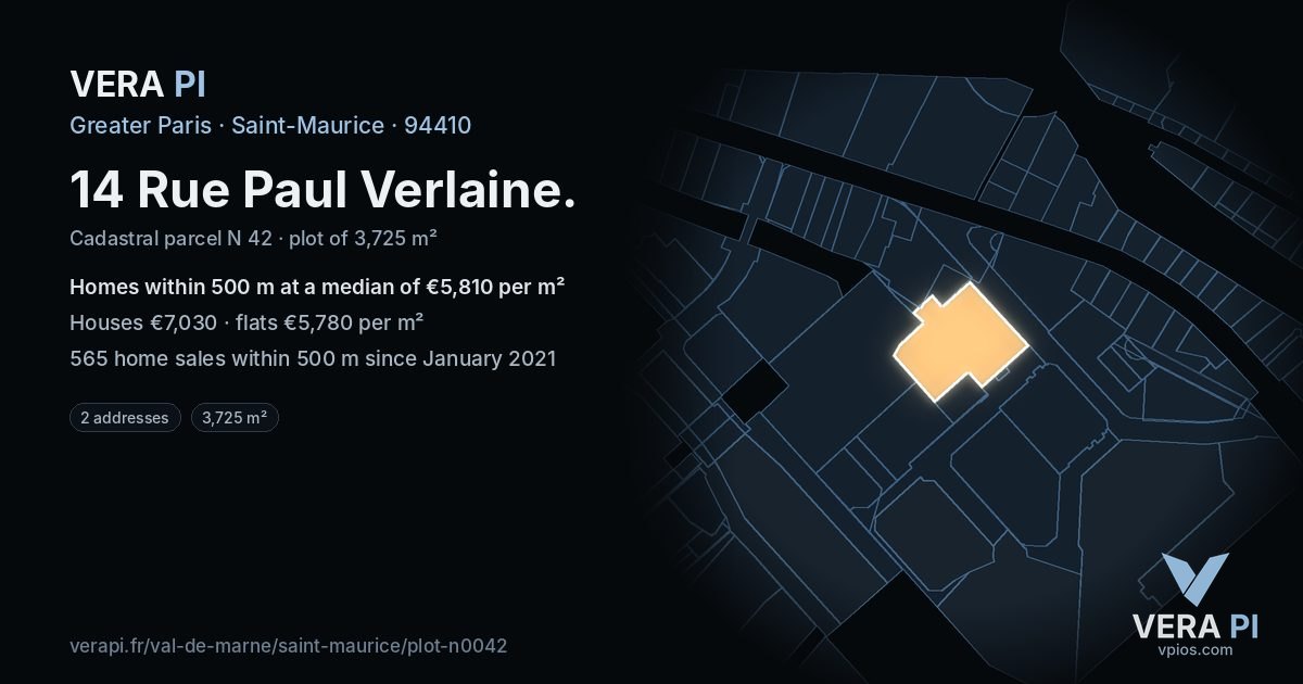 14 Rue Paul Verlaine, Saint-Maurice at night – the plot lit, the parcels around coloured by the prices near them