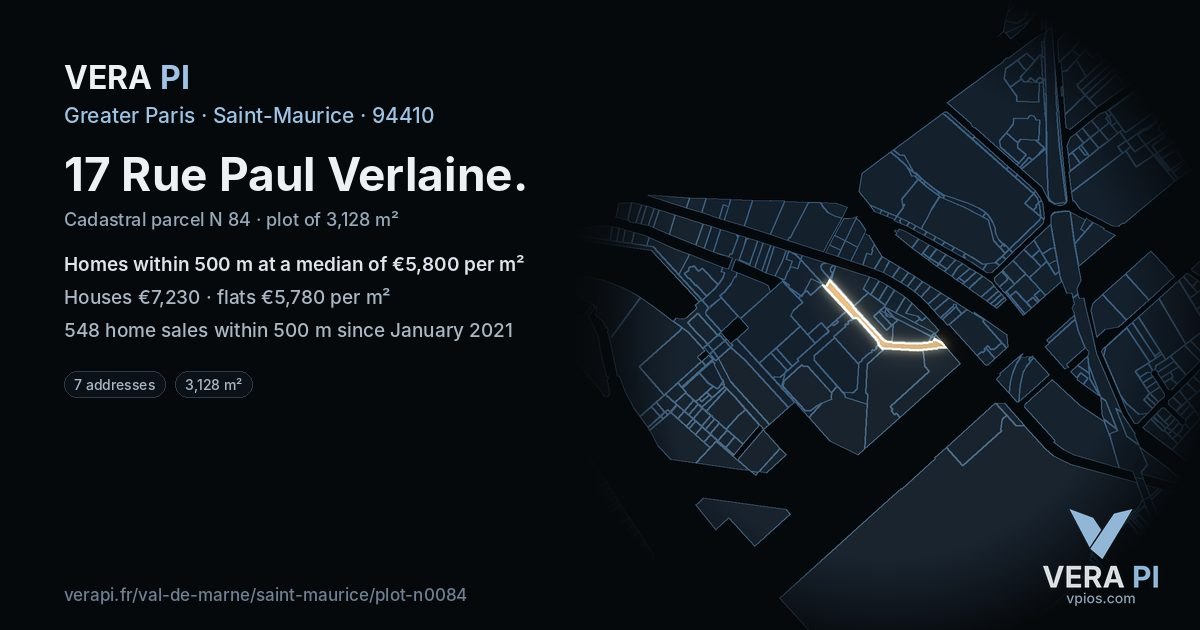 17 Rue Paul Verlaine, Saint-Maurice at night – the plot lit, the parcels around coloured by the prices near them