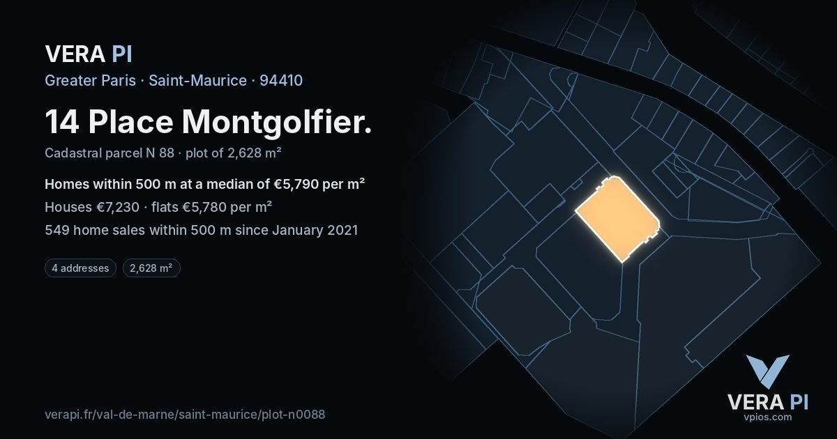 14 Place Montgolfier, Saint-Maurice at night – the plot lit, the parcels around coloured by the prices near them