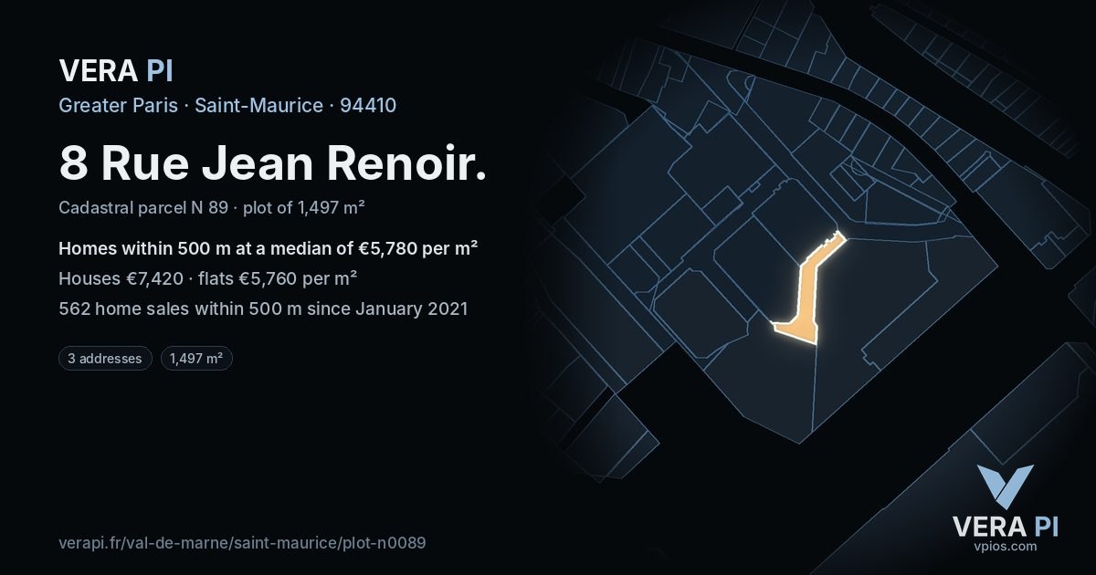 8 Rue Jean Renoir, Saint-Maurice at night – the plot lit, the parcels around coloured by the prices near them