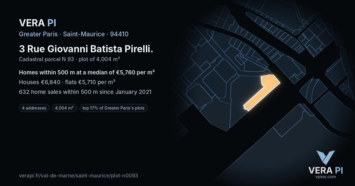 3 Rue Giovanni Batista Pirelli, Saint-Maurice at night – the plot lit, the parcels around coloured by the prices near them