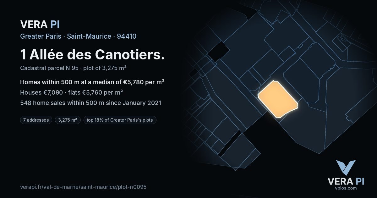 1 Allée des Canotiers, Saint-Maurice at night – the plot lit, the parcels around coloured by the prices near them