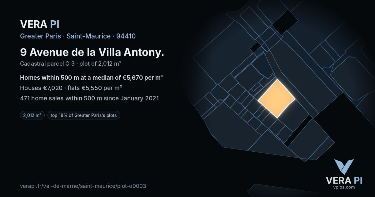 9 Avenue de la Villa Antony, Saint-Maurice at night – the plot lit, the parcels around coloured by the prices near them