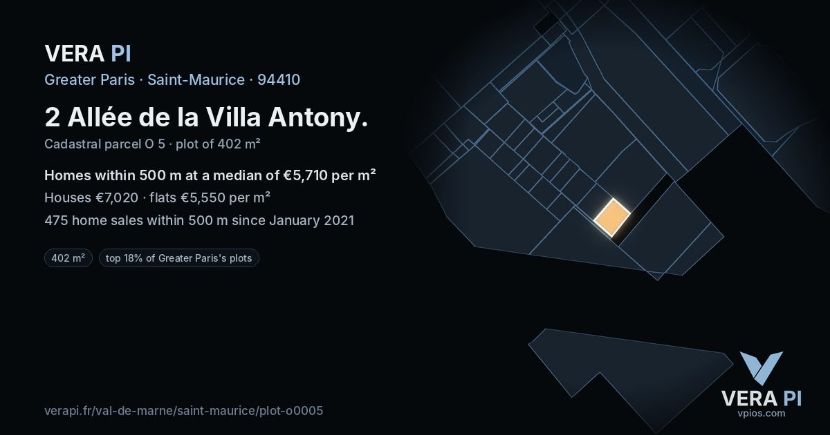 2 Allée de la Villa Antony, Saint-Maurice at night – the plot lit, the parcels around coloured by the prices near them