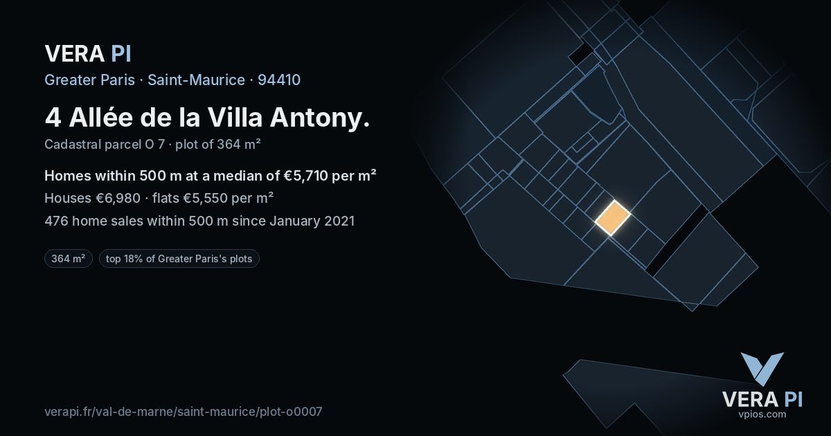 4 Allée de la Villa Antony, Saint-Maurice at night – the plot lit, the parcels around coloured by the prices near them