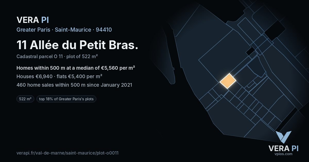 11 Allée du Petit Bras, Saint-Maurice at night – the plot lit, the parcels around coloured by the prices near them
